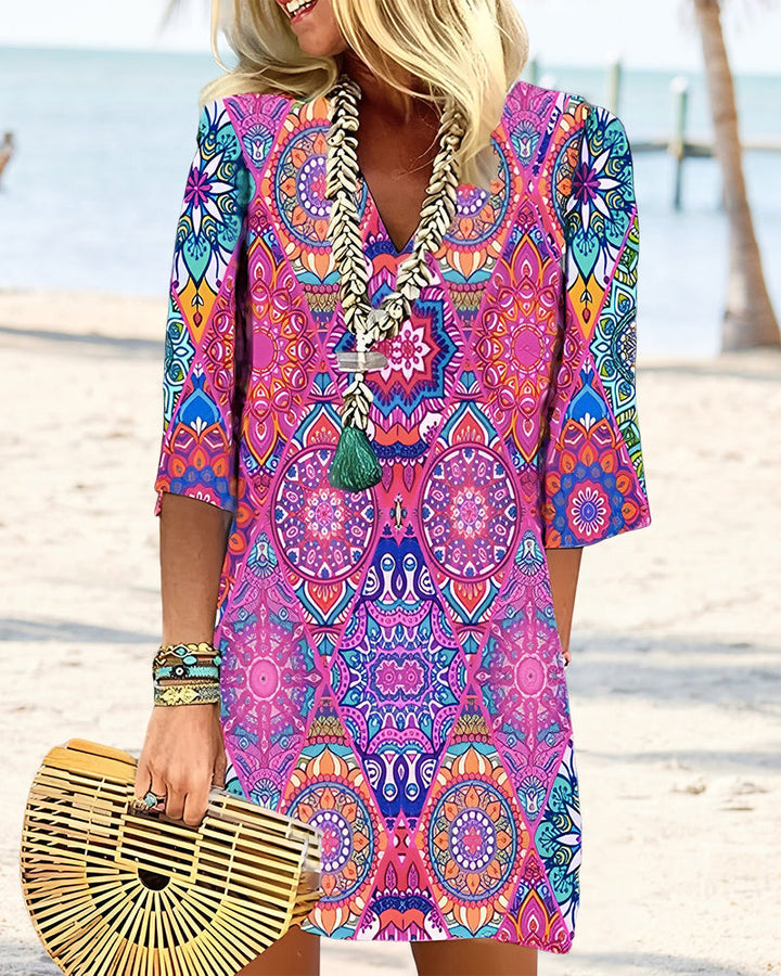 Robe à manches 3/4 à imprimé géométrique