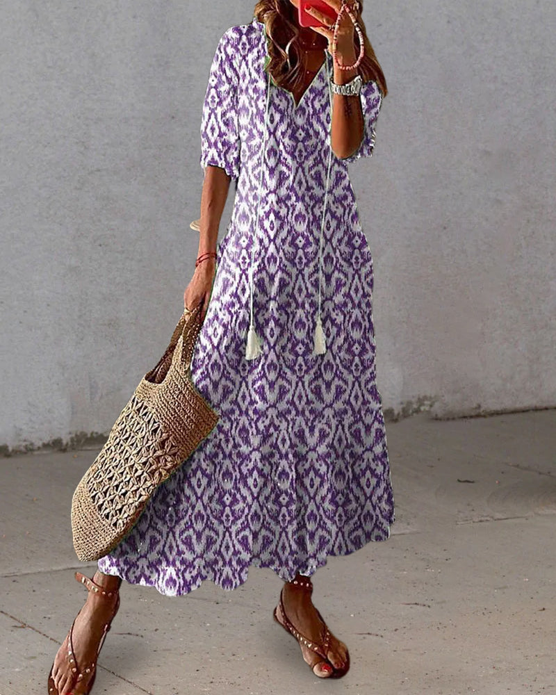 Robe longue col V en imprimé avec demi-manche