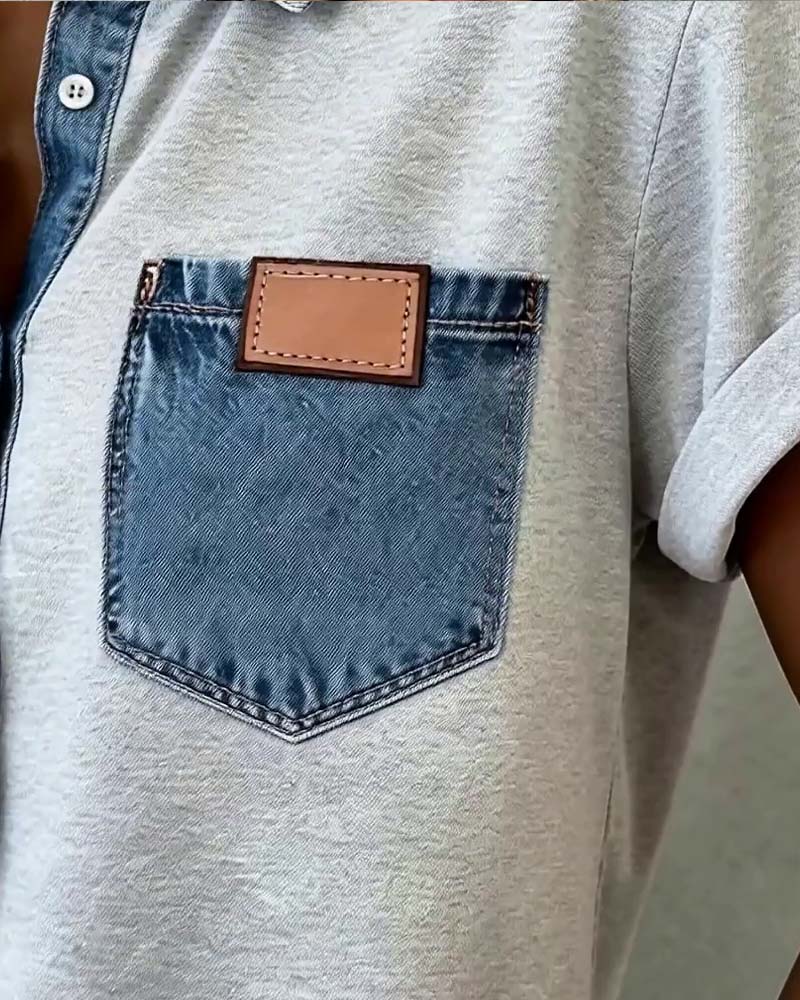 T-Shirt Denim Patchwork Col Retourné