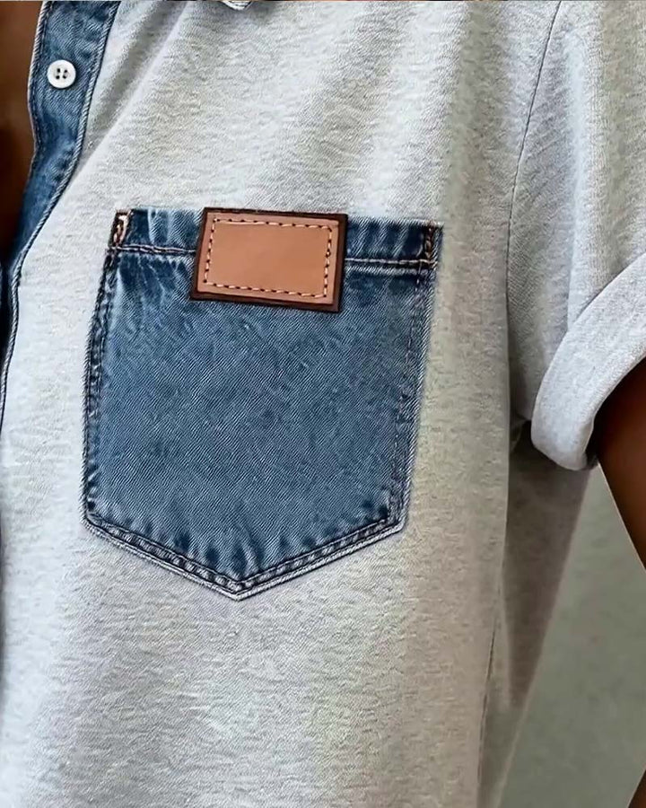 T-Shirt Denim Patchwork Col Retourné
