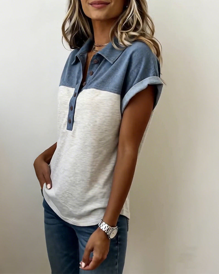 T-Shirt Boutonnage Patchwork Col Retourné