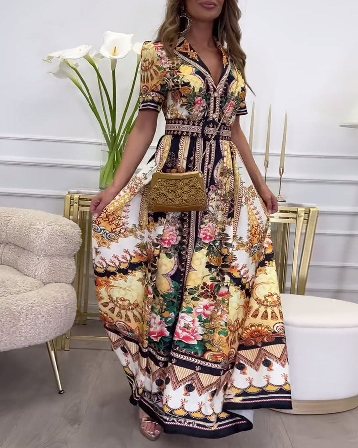 Robe longue à manches courtes et revers imprimé rétro