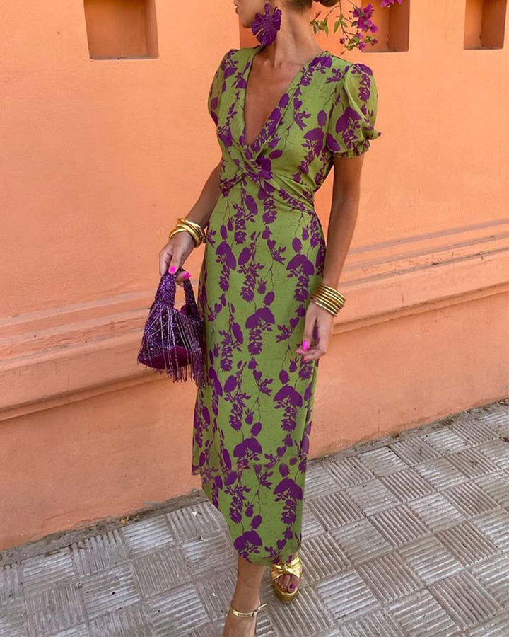 Robe midi imprimé floral à col V
