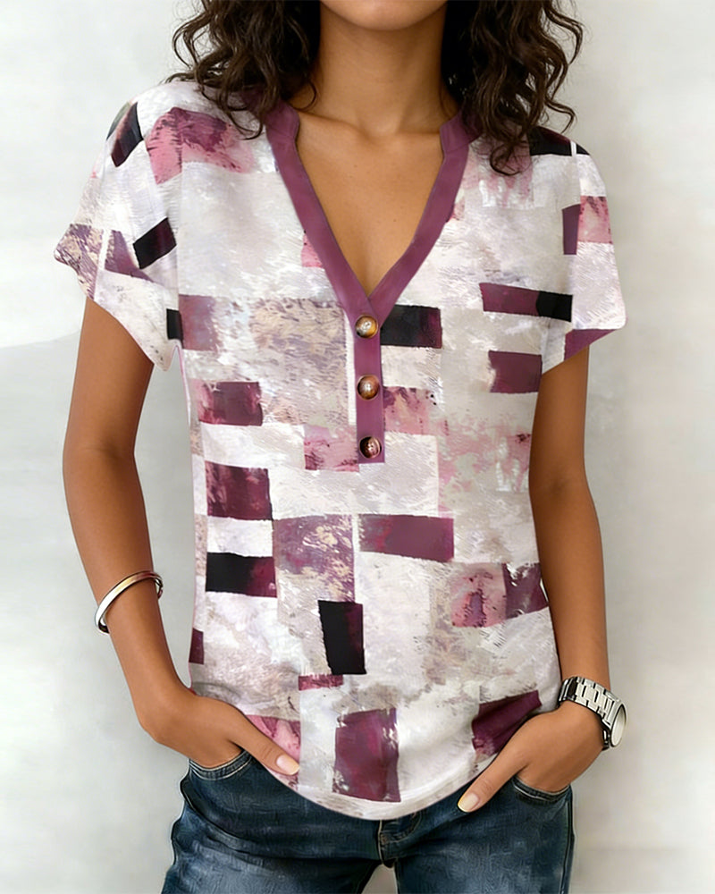 T-Shirt Col V Imprimé Géométrique Décontracté