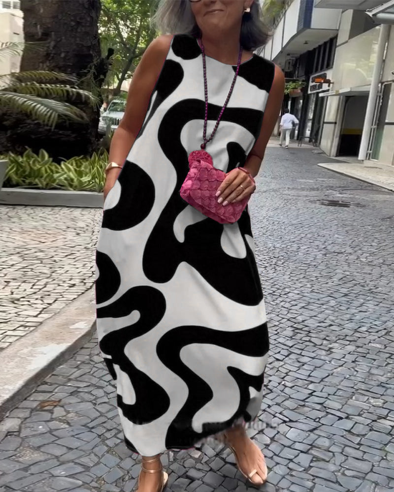 Robe Sans Manches Col Rond Avec Imprimé Géométrique