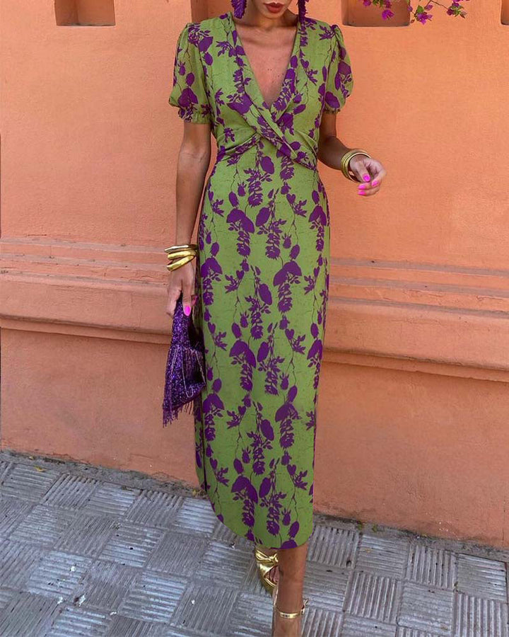 Robe midi imprimé floral à col V