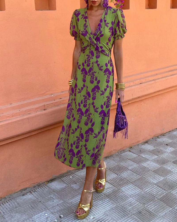 Robe midi imprimé floral à col V