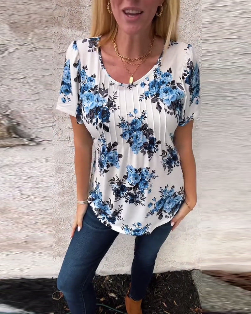 T-Shirt À Col Rond Imprimé Floral Plissé