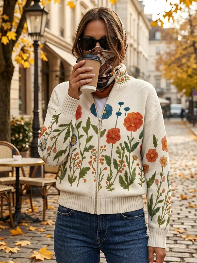 Wrenna | Cardigan Zippé Prairie de Fleurs Sauvages
