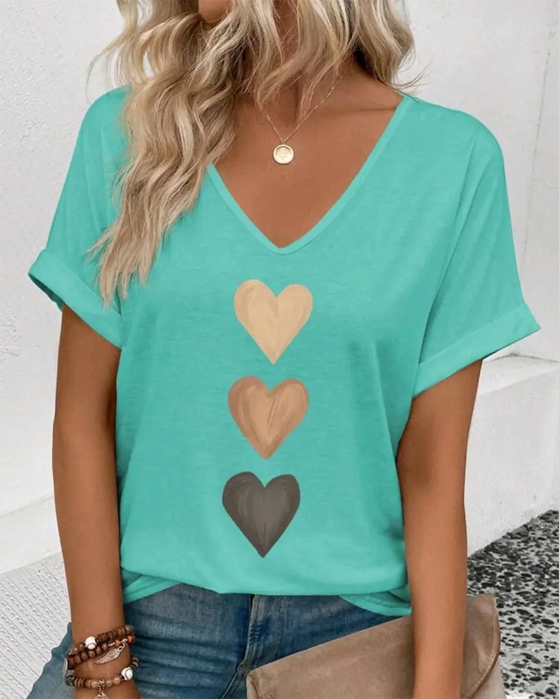 T-Shirt Col En V Imprimé Cœur