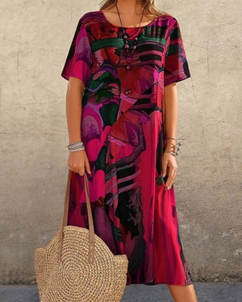 Robe droite à col rond et imprimé géométrique
