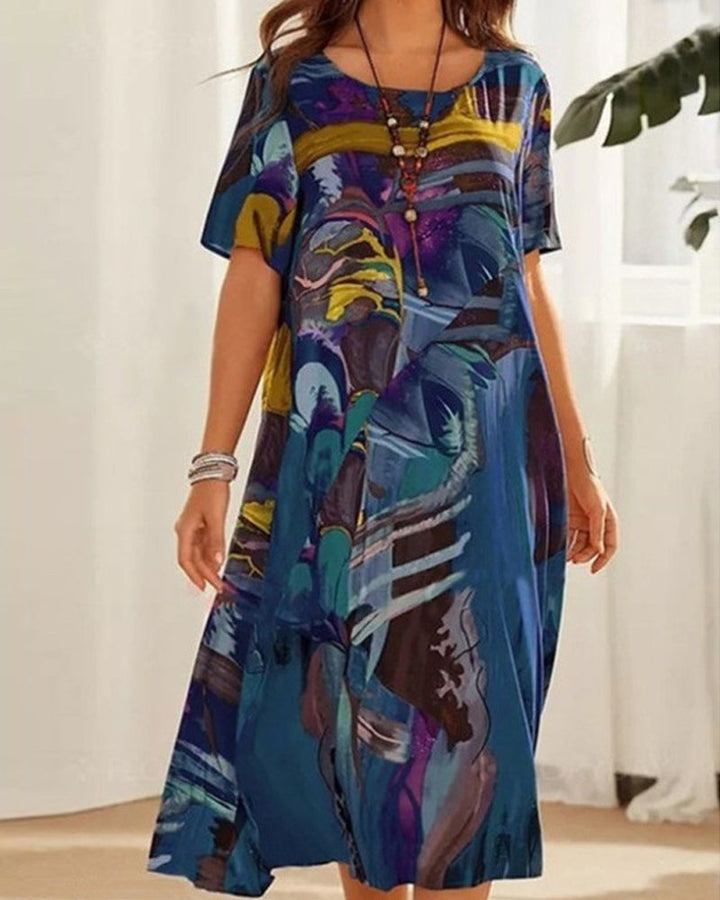 Robe droite à col rond et imprimé géométrique