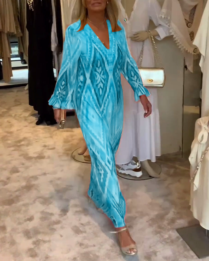 Robe à manches longues en V profond à imprimé géométrique rétro