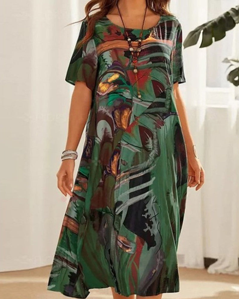 Robe droite à col rond et imprimé géométrique
