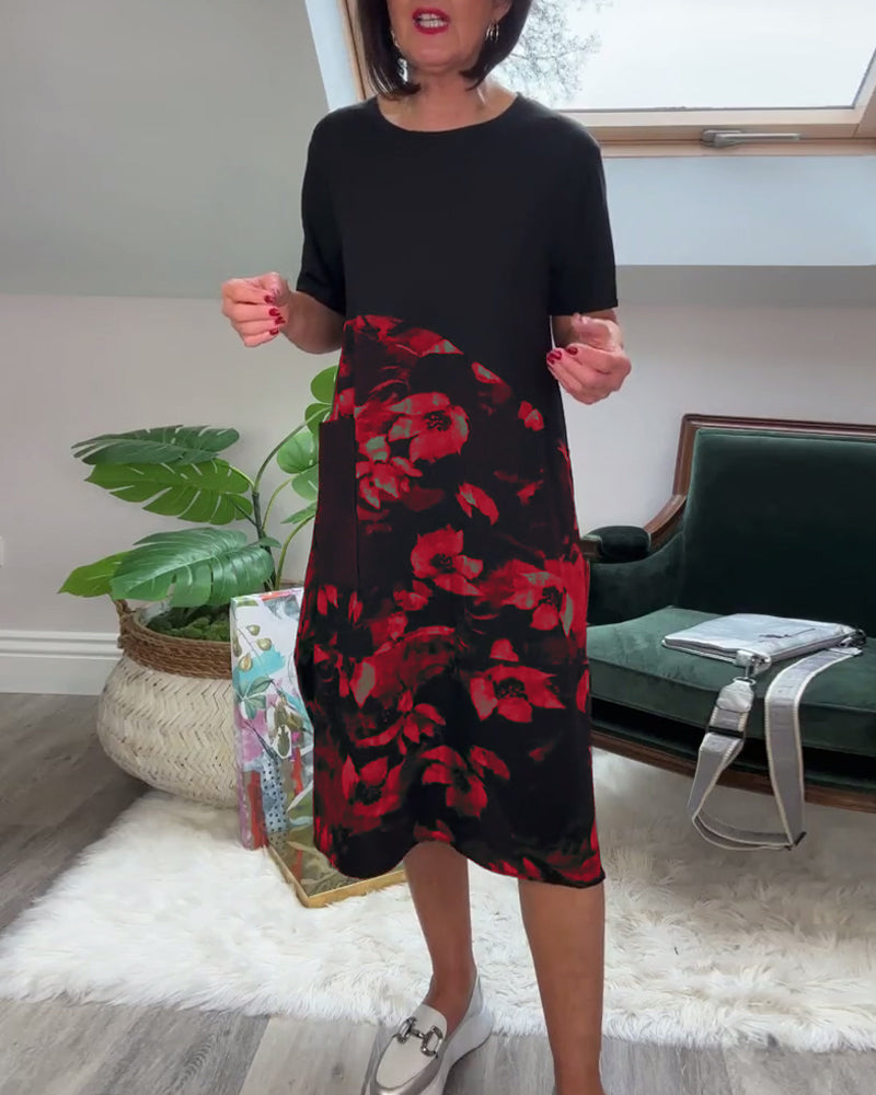 Robe patchwork décontractée à imprimé floral et col rond