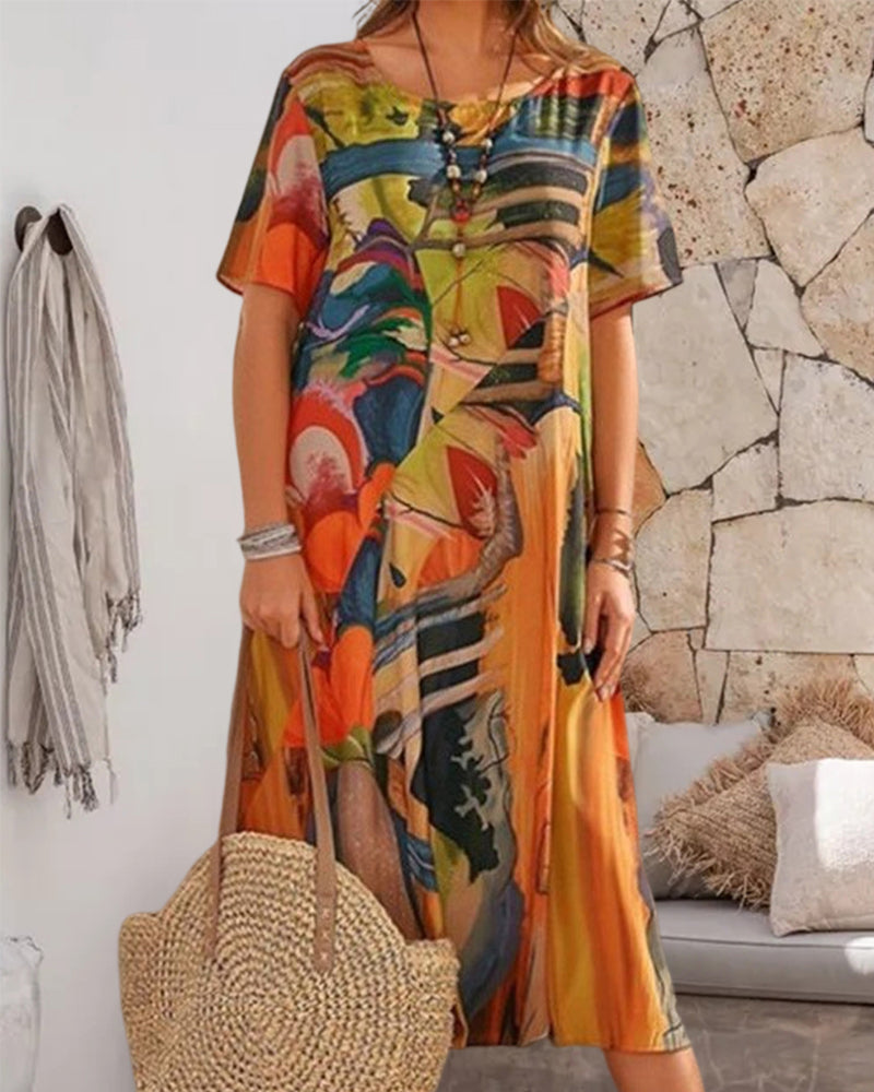 Robe droite à col rond et imprimé géométrique