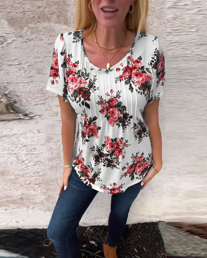 T-Shirt À Col Rond Imprimé Floral Plissé
