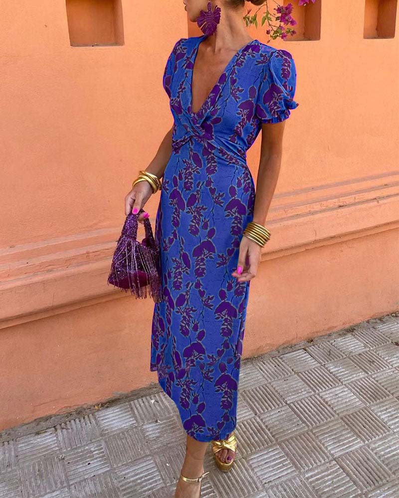 Robe midi imprimé floral à col V