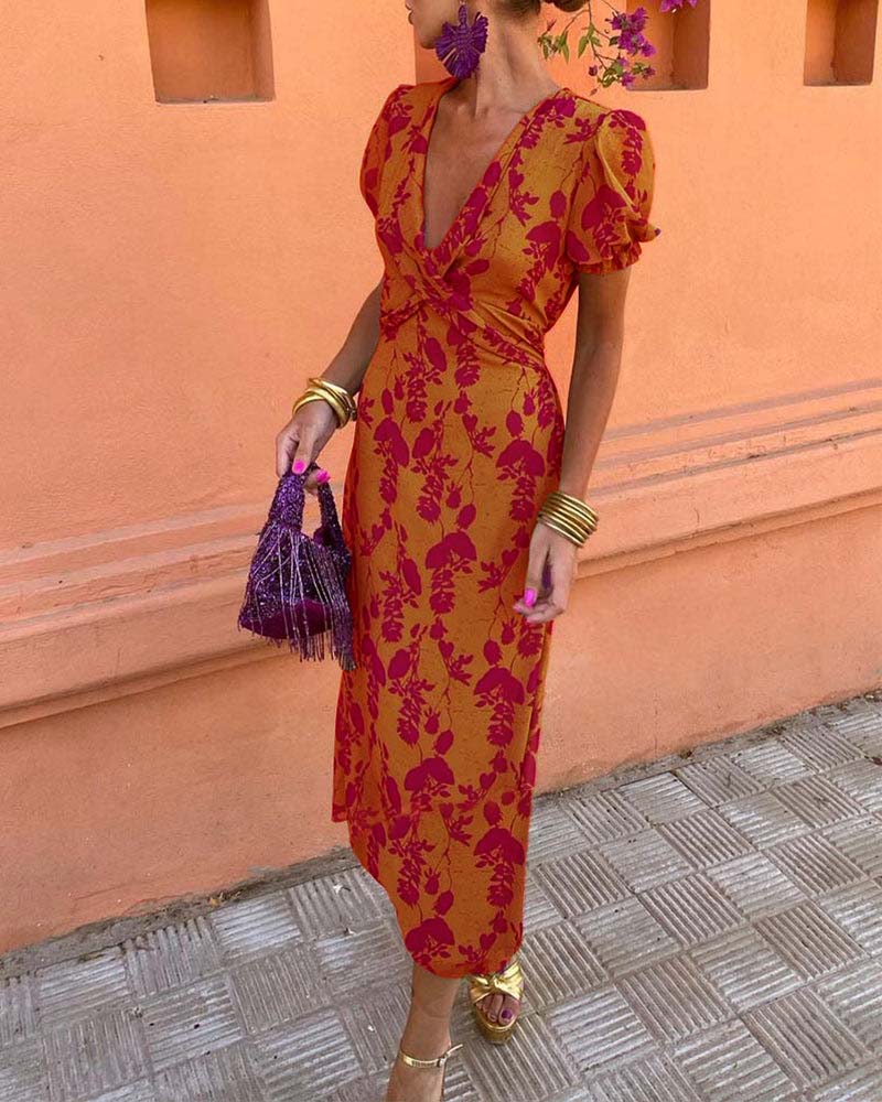 Robe midi imprimé floral à col V