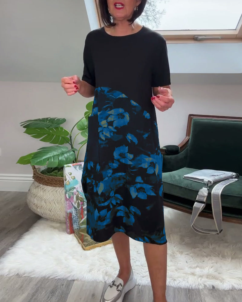 Robe patchwork décontractée à imprimé floral et col rond
