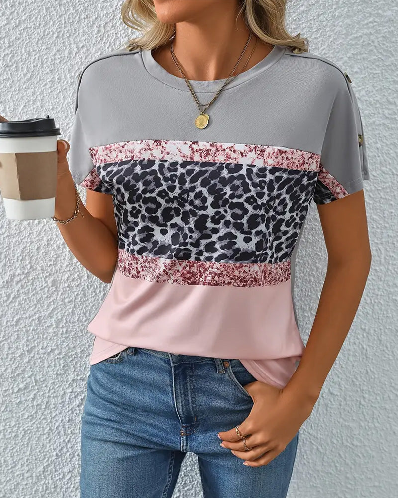 T-Shirt Col Rond Imprimé Léopard Bloc De Couleur