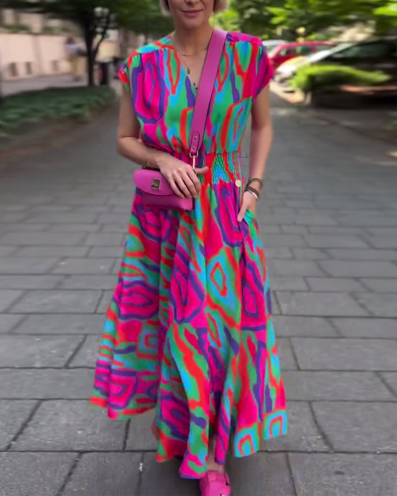 Robe longue col V imprimé coloré manches raglan