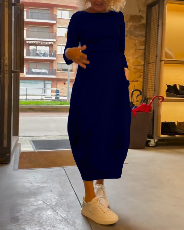Robe unie à col rond, manches longues et poche