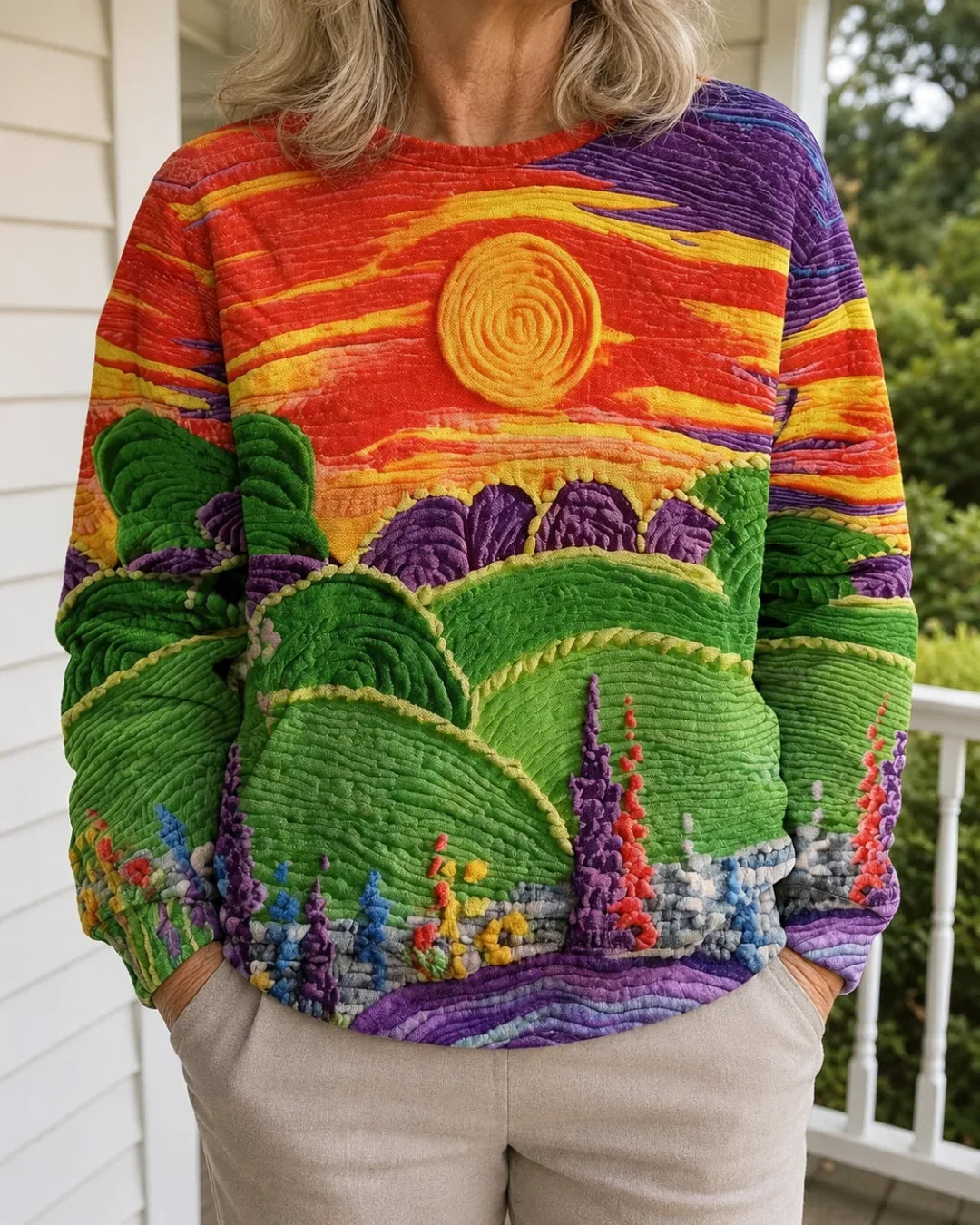 Ravella | Pull coupe ample à imprimé paysage soleil