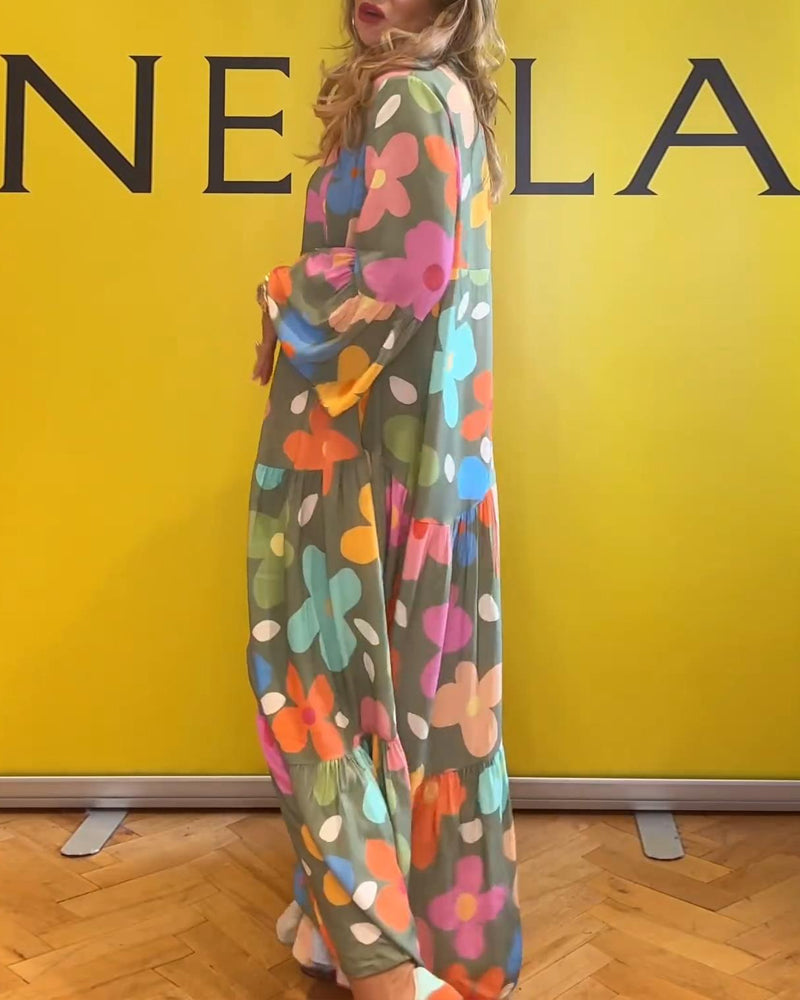 Robe décontractée à manches cloche et imprimé floral coloré