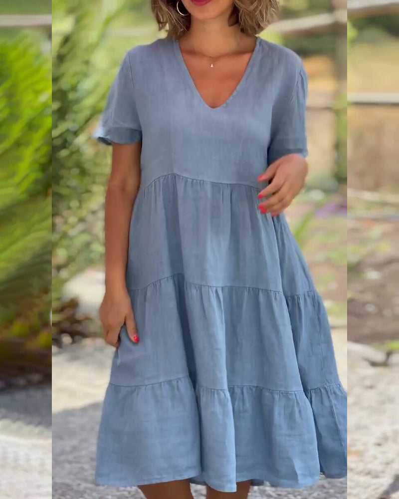 Robe en coton lin avec col en V de couleur unie