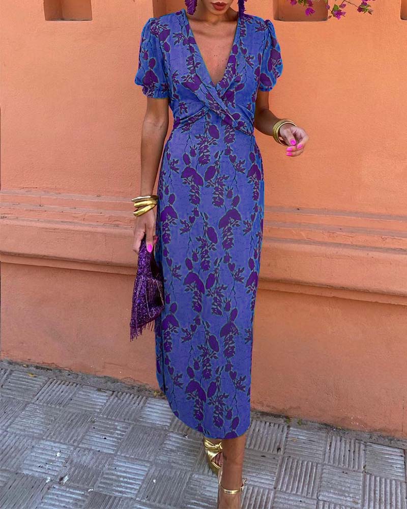 Robe midi imprimé floral à col V