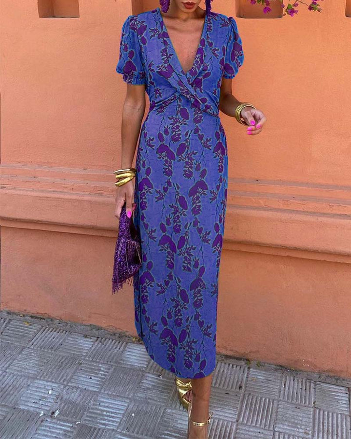 Robe midi imprimé floral à col V