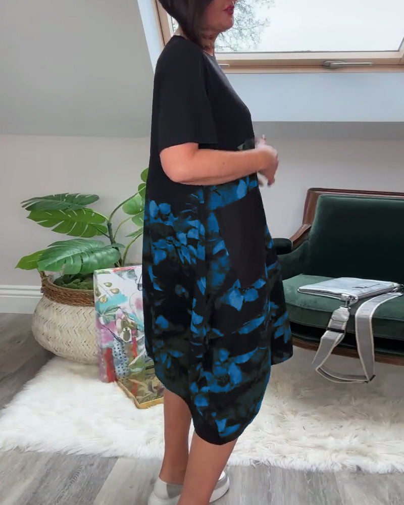 Robe patchwork décontractée à imprimé floral et col rond