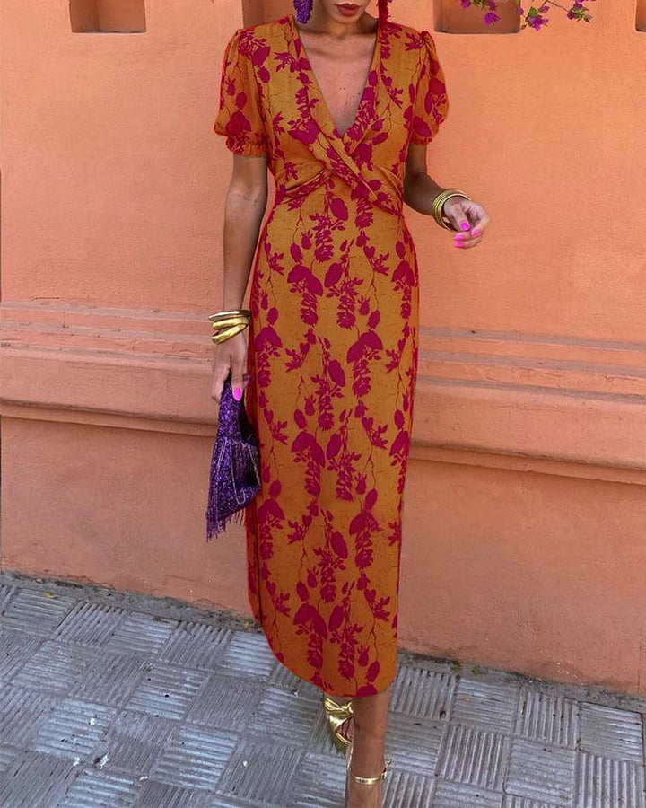 Robe midi imprimé floral à col V