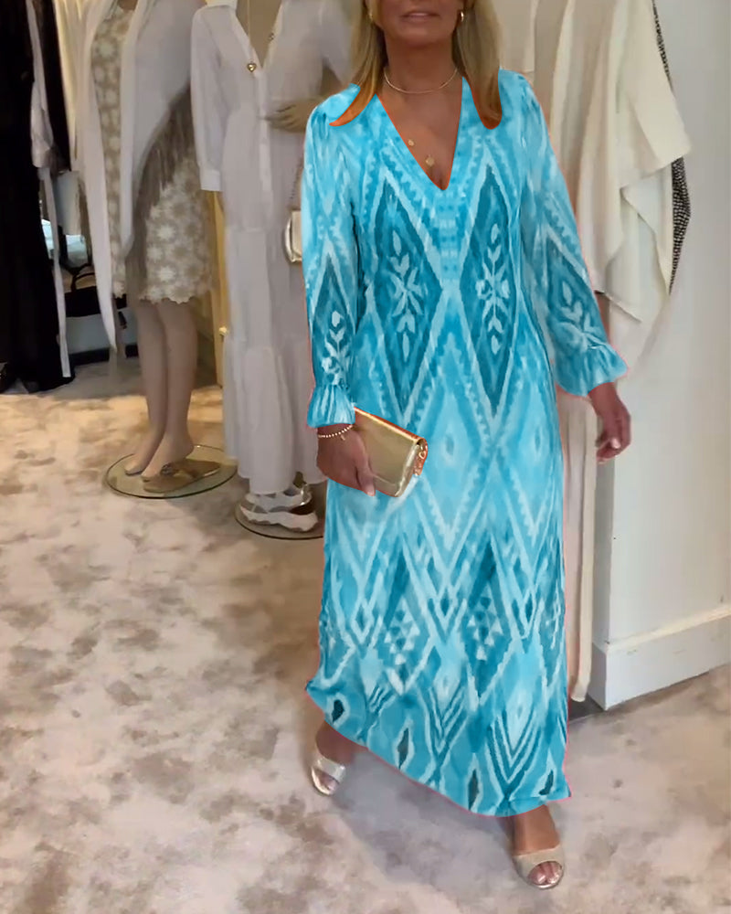 Robe à manches longues en V profond à imprimé géométrique rétro