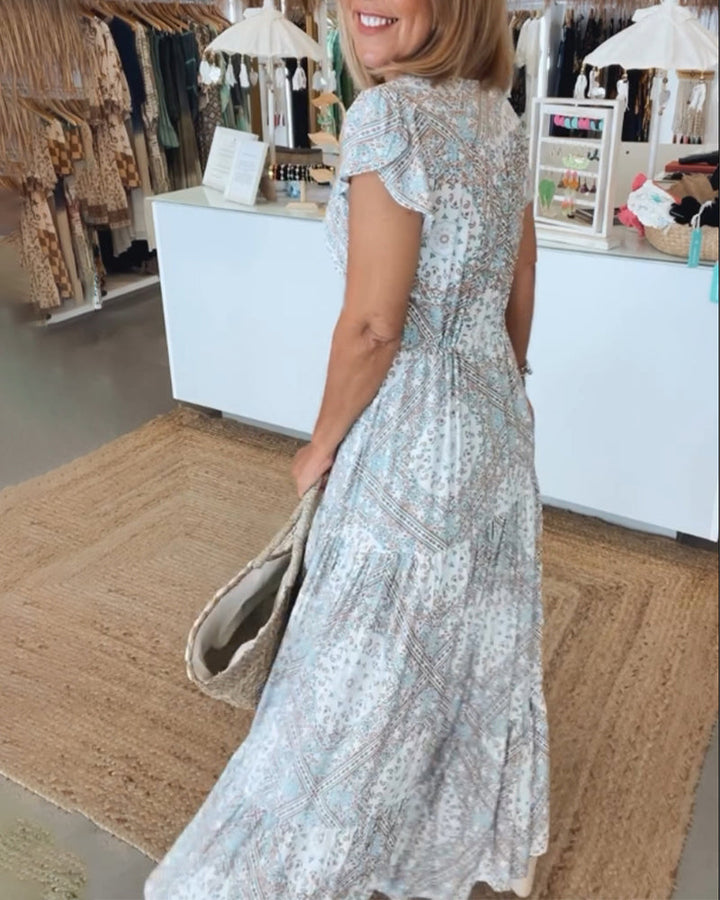 Robe à manches fendues et col en V imprimé vacances
