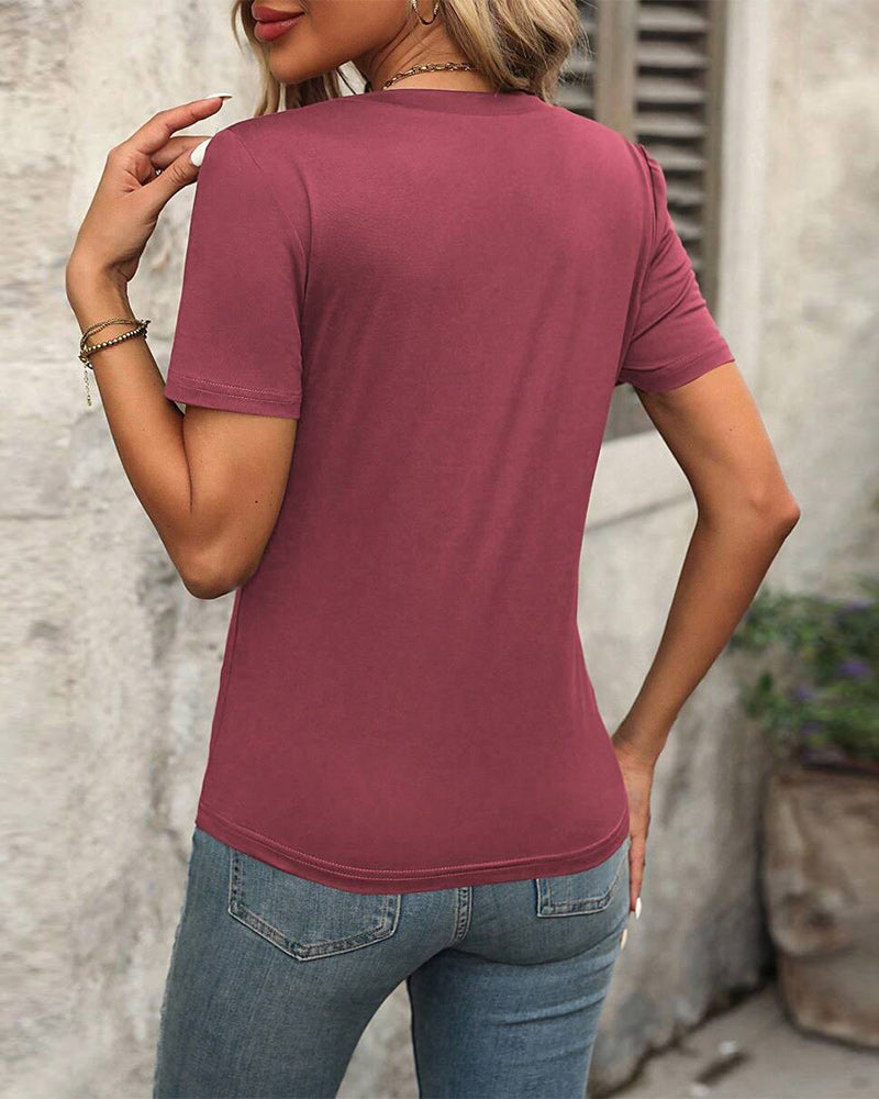 T - Shirt à Manches Courtes avec un Col V et une Couleur Uni
