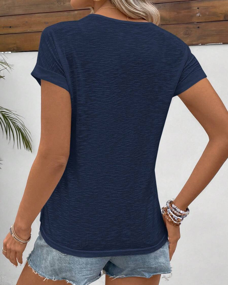 T-Shirt Col Rond Couleur Unie À Manches Courtes