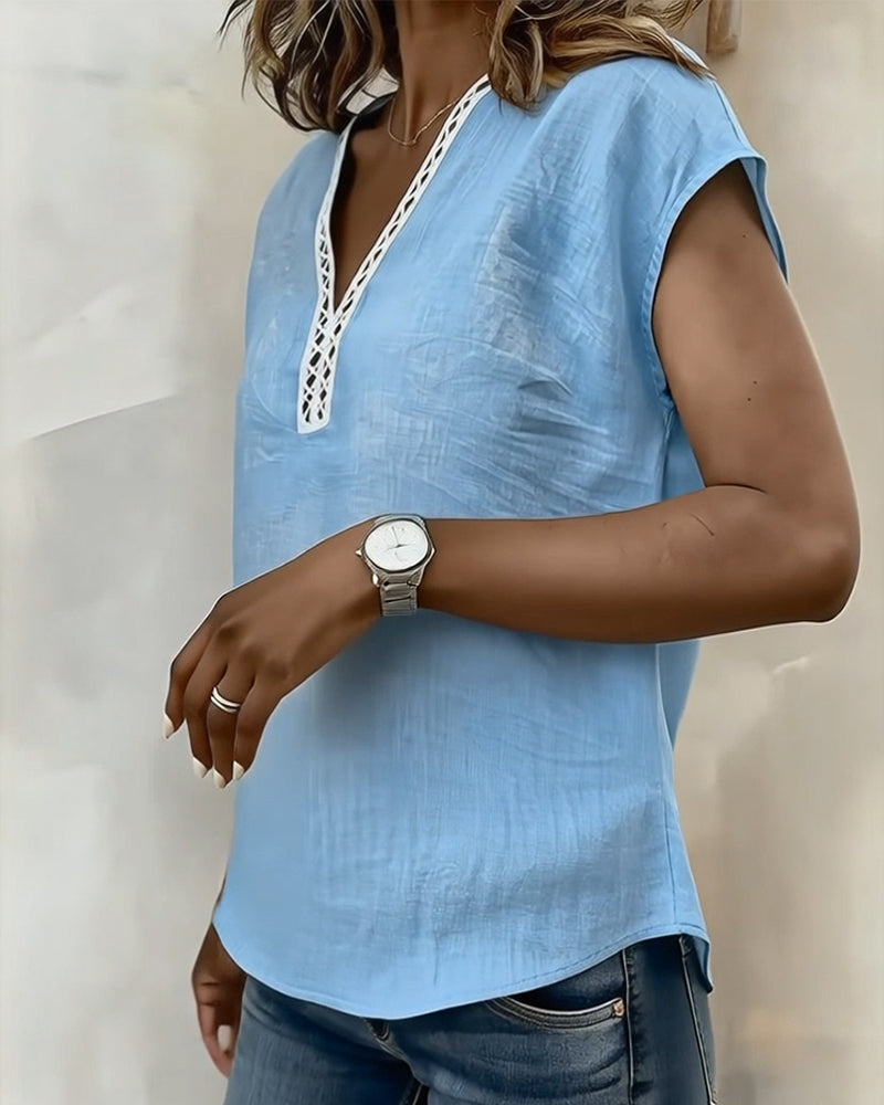 T-Shirt À Col En V Avec Motif Ajouré En Coton Et Lin