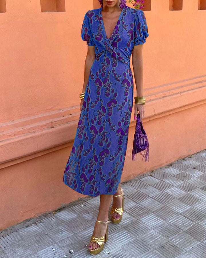 Robe midi imprimé floral à col V