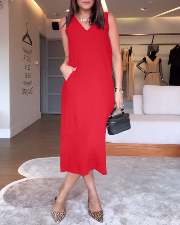 robe décontractée col en V sans manches couleur unie fendue