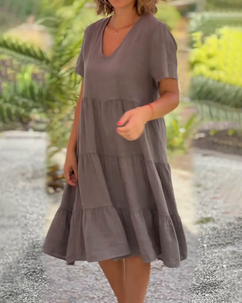 Robe en coton lin avec col en V de couleur unie