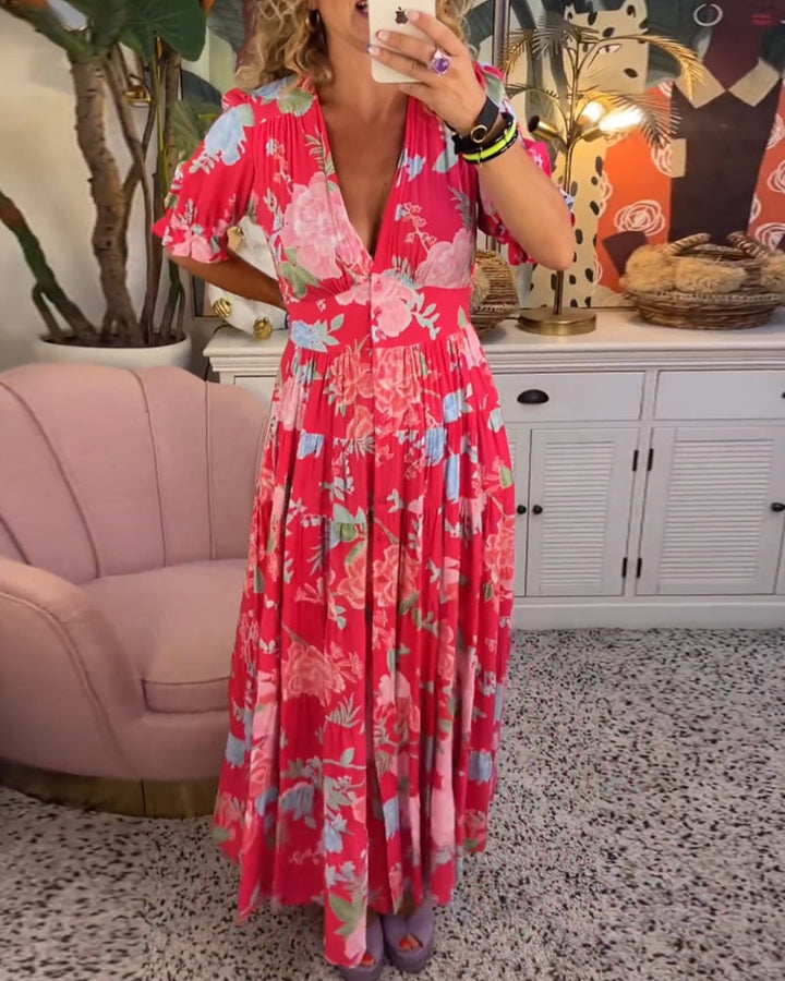 Robe à poche col V imprimé fleuri