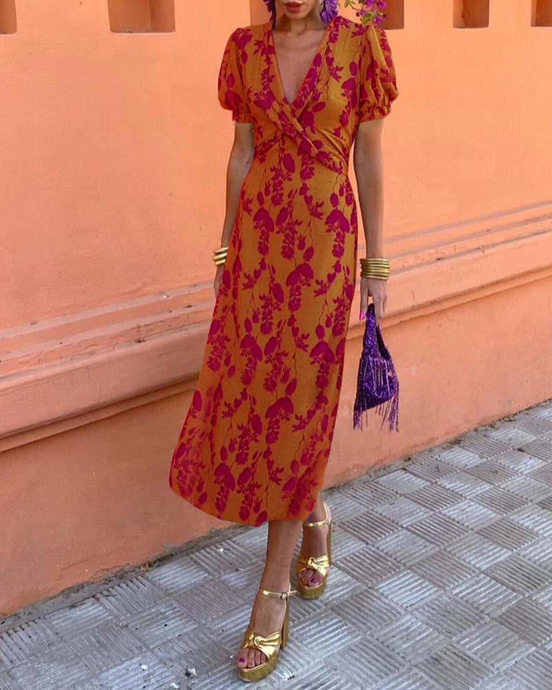 Robe midi imprimé floral à col V