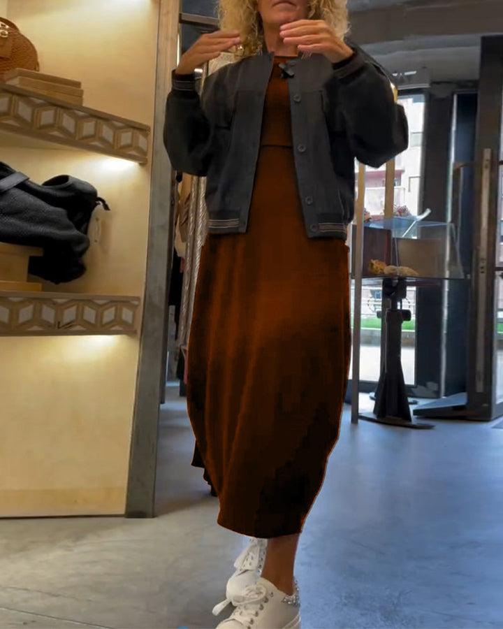 Robe unie à col rond, manches longues et poche
