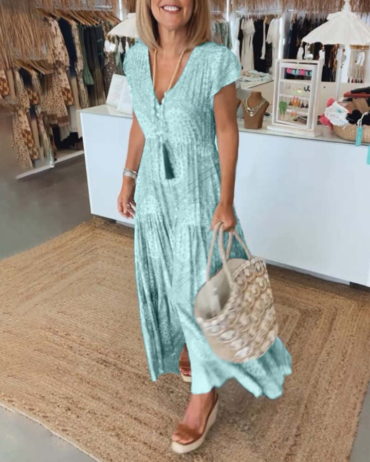 Robe à manches fendues et col en V imprimé vacances