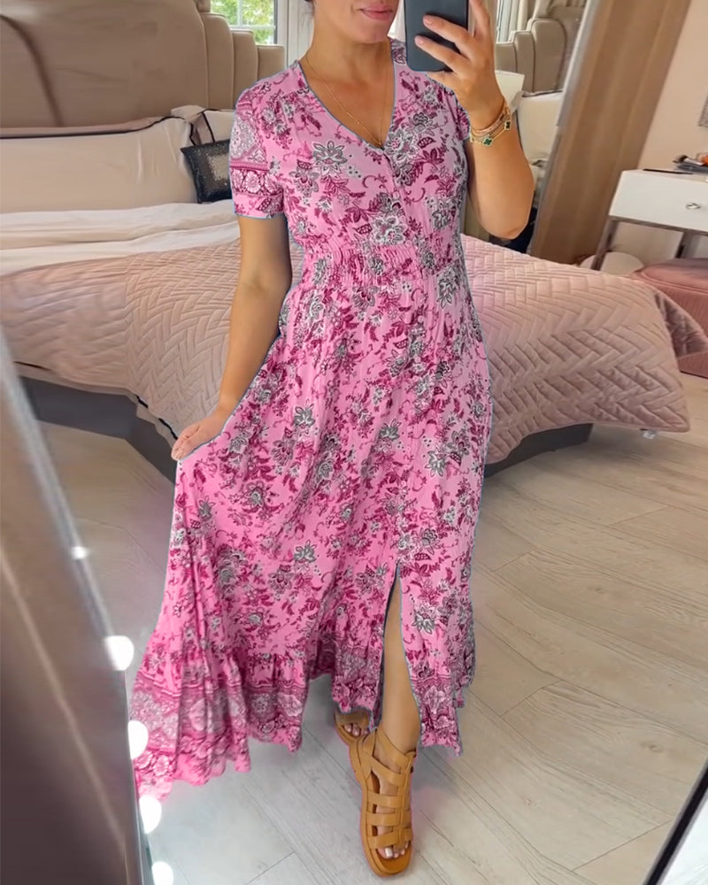Robe col V à imprimé fleuri
