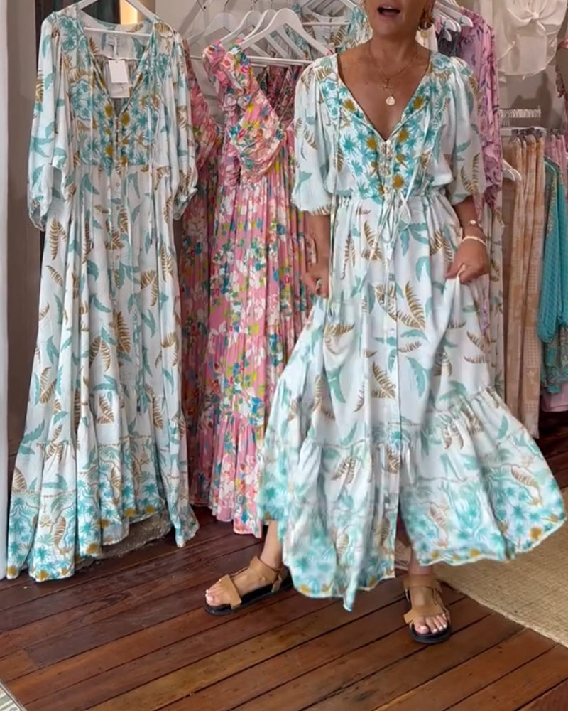 Robe longue femme col V imprimé feuilles
