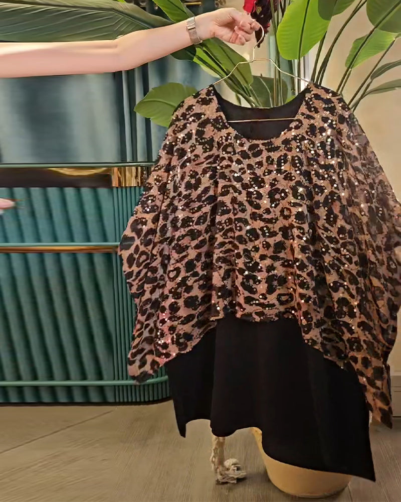 T-Shirt Imprimé Léopard À Paillettes Manches Chauve-Souris