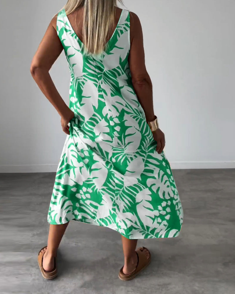 Robe décontractée sans manches à imprimé feuilles